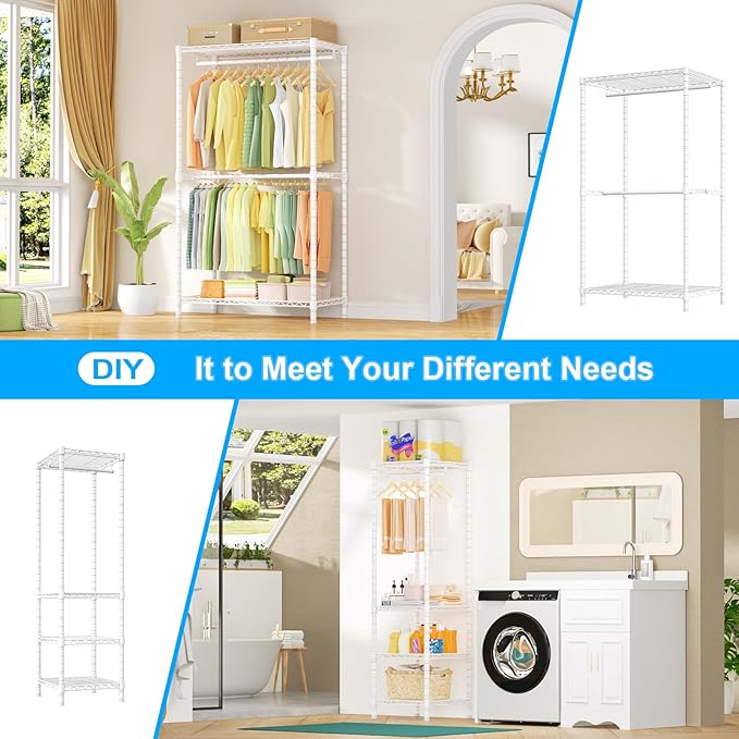 Ulif E10 Clothes Rack（With Stretchable Hanger Rod）Freestanding Clothing Racks for Hanging Clothes，Adjustable Closet Organizer System，Portable Garment Rack 73-97"W x 15" D x 72" H，Max Load 800LBS，White