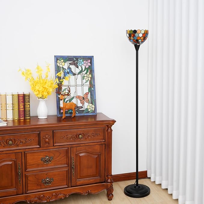 Tiffany Floor Lamp Tochiere Standing Multicolored Stained Glass Floor Light Vintage Tall Pole Uplight Lamp Rustic Corner Lamp with Foot Switch for Home Decor Living Room Bedroom