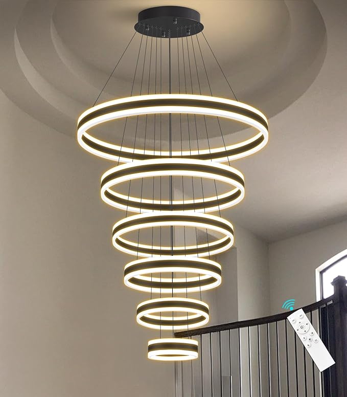 6 Rings Modern LED Chandeliers Large High Ceiling Chandelier for Foyer Black Dimmable Long Handing Lighting Fixture for Living Room Entryway Villa Staircase 3000K-6000K