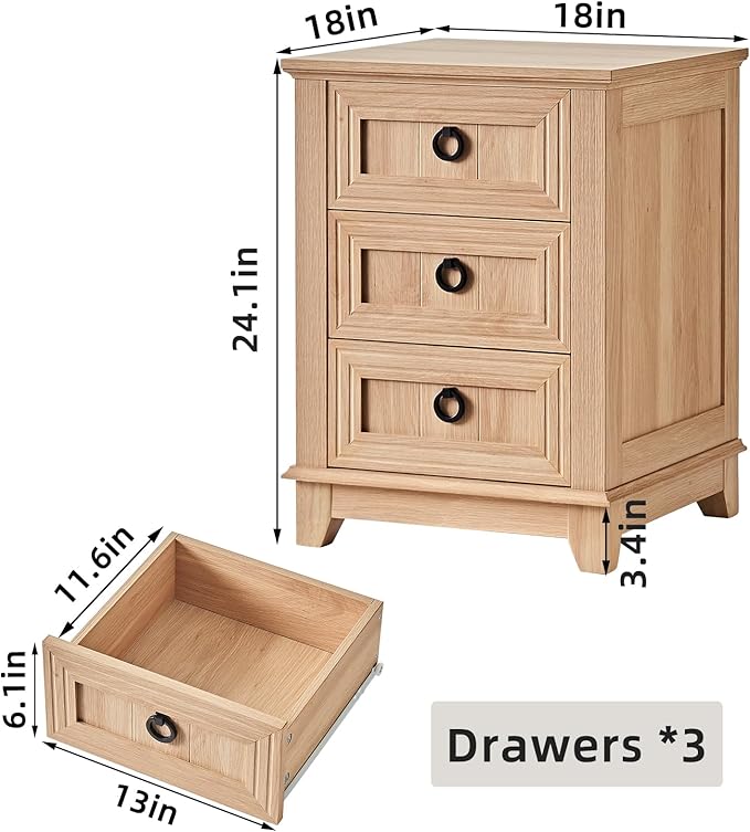 18" Farmhouse Night Stand with 3 Drawers, Wood Bedside End Table, Natural Nightstand, Bed Side Table Cabinet with Metal Handle for Bedroom Living Room, Closet