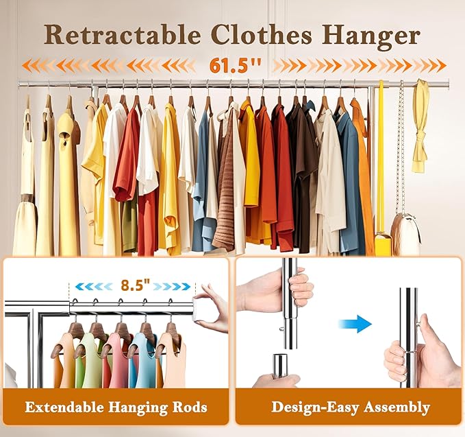 Simple Trending Heavy Duty Clothing Clothes Rack with Wheels for Hanging, Metal Rolling Garment Rack Organizer Load 500 LBS, Chrome