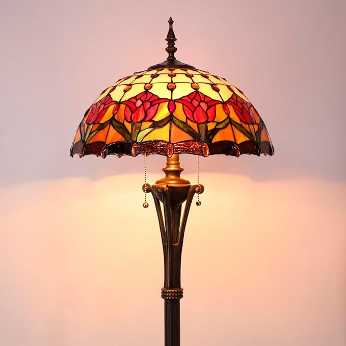 Tiffany Floor Lamp Red Amber Stained Glass Tulip Flower Standing Reading Light 16X16X70 Inches Antique Pole Corner Lamp Decor Bedroom Office Living Room
