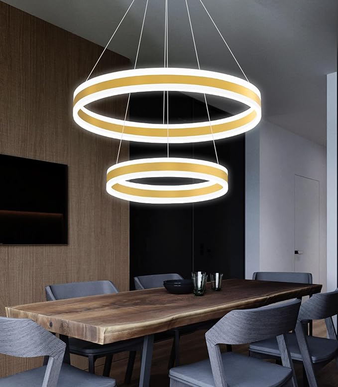 D15.7''+23.6'' Modern Ring Chandelier for Dining Room LED Dimmable Pendant Lighting for Living Room Foyer Bedroom Entryway 3000K-6000K Gold