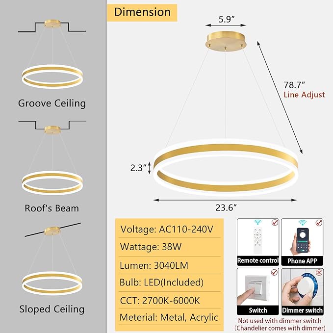 D23.6'' Modern Ring Chandelier for Dining Room LED Dimmable Pendant Lighting High Ceiling Chandelier for Living Room Foyer Bedroom Entryway 3000K-6000K Gold