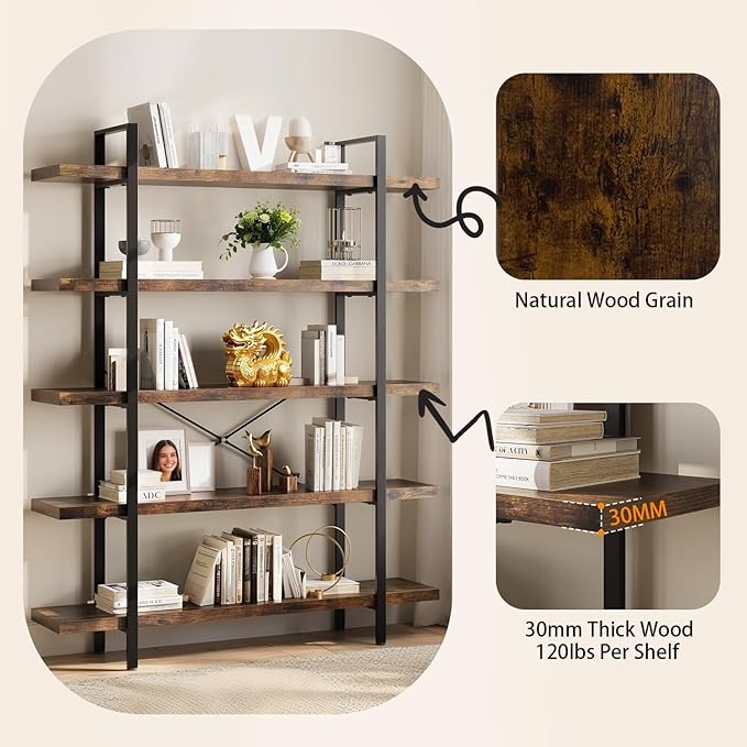 5-Tier Industrial Bookcase, 47 Inch Wide Wood Bookshelf, 120lbs Shelf Capacity, Rustic Open Shelving Heavy Duty Display with Reinforced Horizontal Brown Shelves for Living Room Bedroom Office - 2Pcs