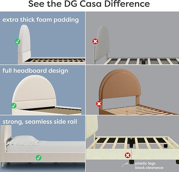 DG Casa Boucle Cloud Bed Frame with Arch Shaped Headboard, Upholstered in Soft Fabric, Platform Bed Frame with Solid Wood Legs - Boho or Modern Style - No Box Spring Needed - Queen Size