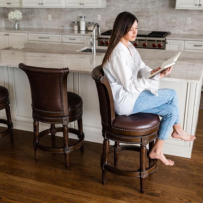 Maven Lane Pullman Counter Stool 26 Inches – Swivel Stool with Footrest – Dark Brown Solid Wood Frame & Brown Faux Leather Upholstery – Perfect for Kitchen Islands & Counters