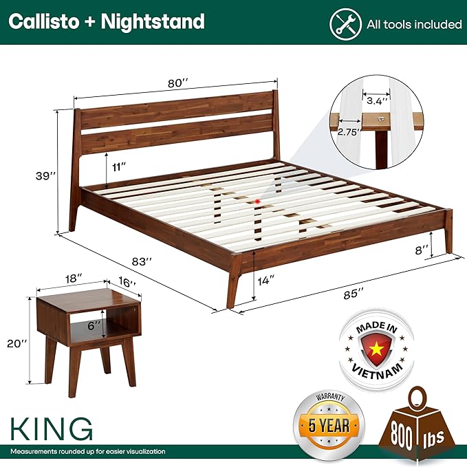 Acacia 2-Pcs King Bedroom Set Callisto – Solid Wood Platform Bed Frame with Headboard & Matching Nightstand, Mid-Century Modern, Walnut Finish, No Box Spring Needed, Sturdy, Easy Assembly