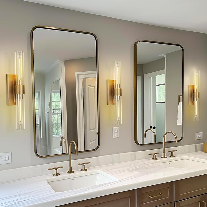 Modern Brass and Glass Wall Sconces, 24" Vanity Lights for Bathroom 2 Lights, Horizontal or Vertical Linear Wall Sconce,Indoor Sconces Wall Lighting,Bathroom Wall Sconce Set of Two