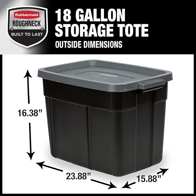 Rubbermaid 18 GAL 6 Pack Garage Storage Bins with Stackable Lid, Heavy Duty - Made in USA - Extreme Temperature Resistant, Durable Plastic Containers with Handles - Solid Black and Grey