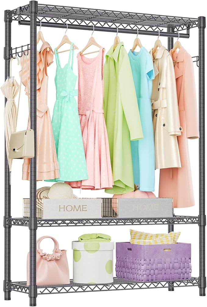 IZEUK 3 Tier Heavy Duty Garment Rack Wire Clothes Rack for Hanging Clothes, Metal Freestanding Closet Wardrobe Rack with 1 Rod and Side Hooks Dark Grey 15.7" D x 45.3" W x 72.4" H