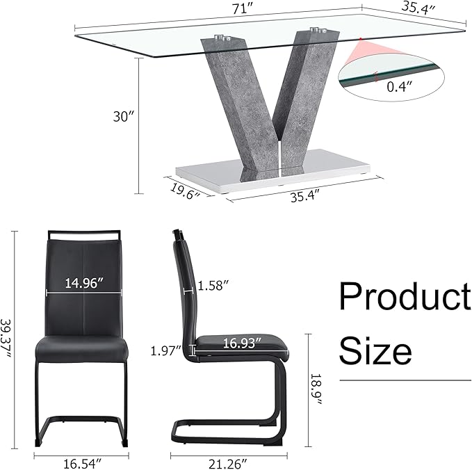 Glass Dining Table Set for 8,Modern Dining Room Table Set,Rectangular Transparent Glass Kitchen Table with 8 Black PU Leather Dining Chairs,Ideal for Kitchen Living Room