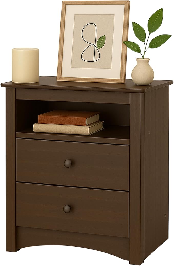 Prepac Sonoma 2 Drawer Nightstand: Elegant Bedroom Furniture, Bedside Table with Open Shelf, 23.25"W x 16"D x 28"H, Espresso