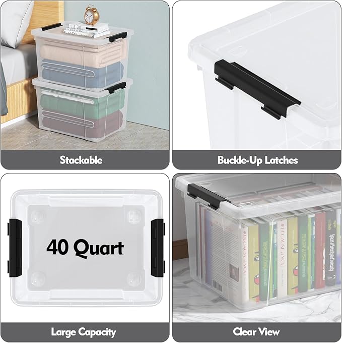 Zopnny 40 Quart Clear Latching Box with Wheels, Plastic Storage Containers with Lids, 4 Pack