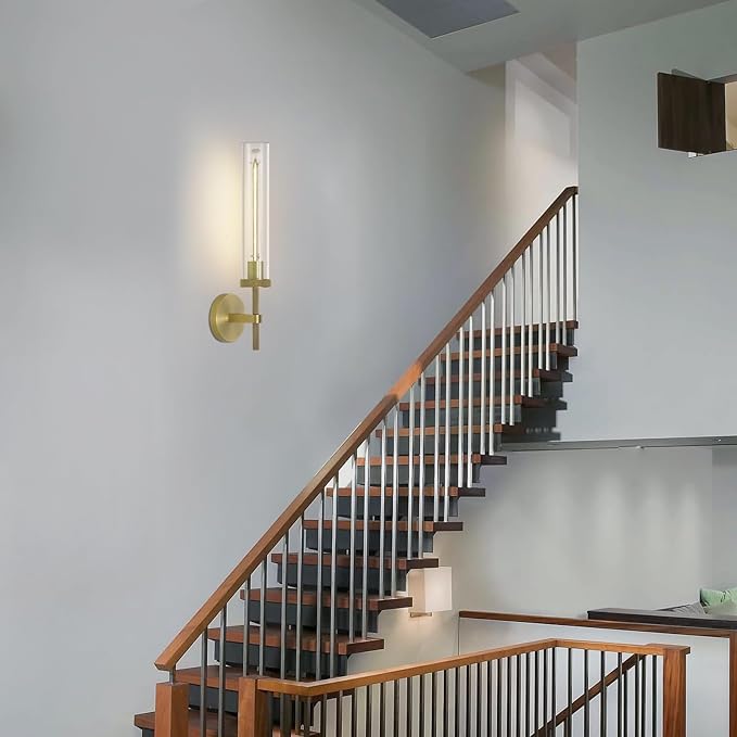 Modern Brass Wall Sconces, Glass Tube Sconces, Gold Bathroom Vanity Light Fixtures, Indoor Wall Sconces for Living Room Bedroom Hallway Kitchen Bathroom Mirror(Including Bulb)