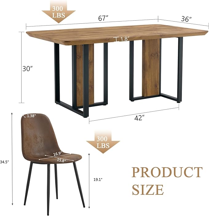 JUFU Dinner Table Set for 4, 67'' Wood Faux Marble Dining Table Set for 4 with PU Upholstered Chairs, Modern Rectangle Dining Set of 4 Chairs and Table, Ideal for Kitchen, Sturdy and Easy Assembly