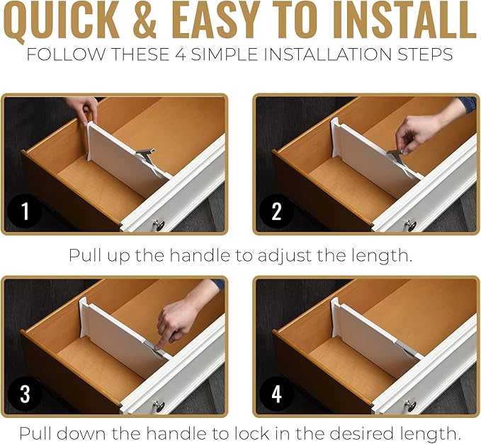 RAPTUROUS Adjustable Deep Drawer Divider – 6" Tall, Expandable 13-22", 8-Pack, Non-Slip Drawer Dividers for Clothes, Dresser, Kitchen & Office Organization (White)