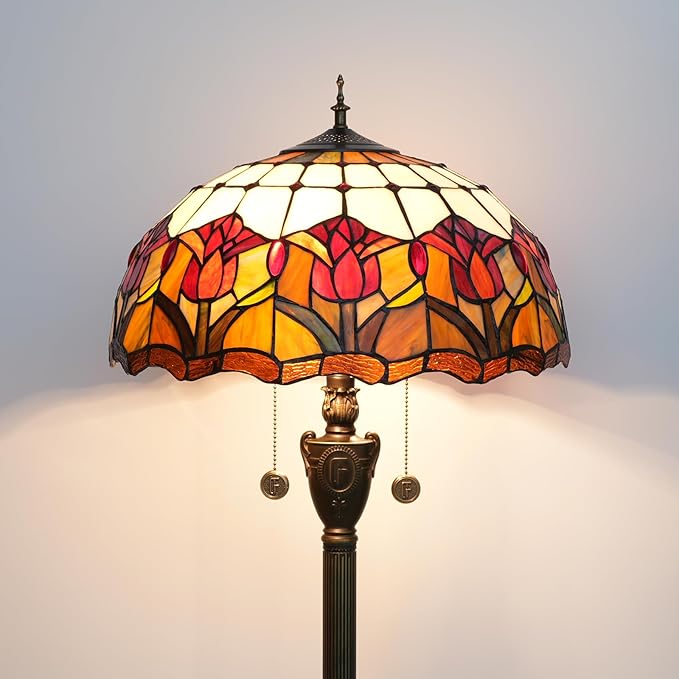 Tiffany Floor Lamp Red Tulip Style Stained Glass Standing Reading Light 16X16X64 Inches Antique Unique Pole Corner Tall Decor Lamp for Bedroom Living Room Home Office