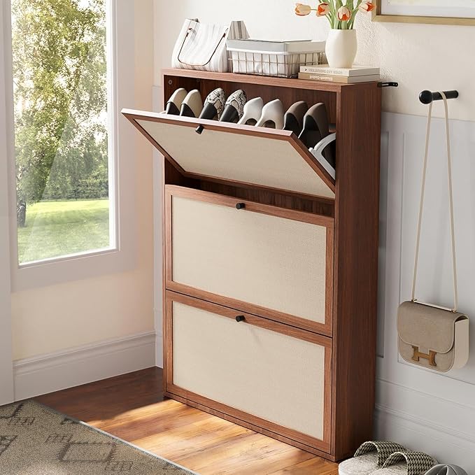 Narrow Shoe Storage Cabinet with 3 Flip Drawers, Wood Shoes Cabinet with Linen Doors Drawer, Freestanding Shoe Organizer Slim Shoe Cabinet Storage Shoe Rack for Entryway Hallway (Walnut)