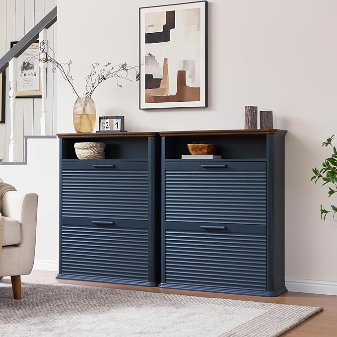 Okvnbjk Fluted Narrow Shoe Cabinet with 2 Flip Drawers, Hidden Shoe Storage Cabinet with Open Storage & Curved Profile Design, Wood Shoes Rack for Entryway, Hallway, Navy Blue