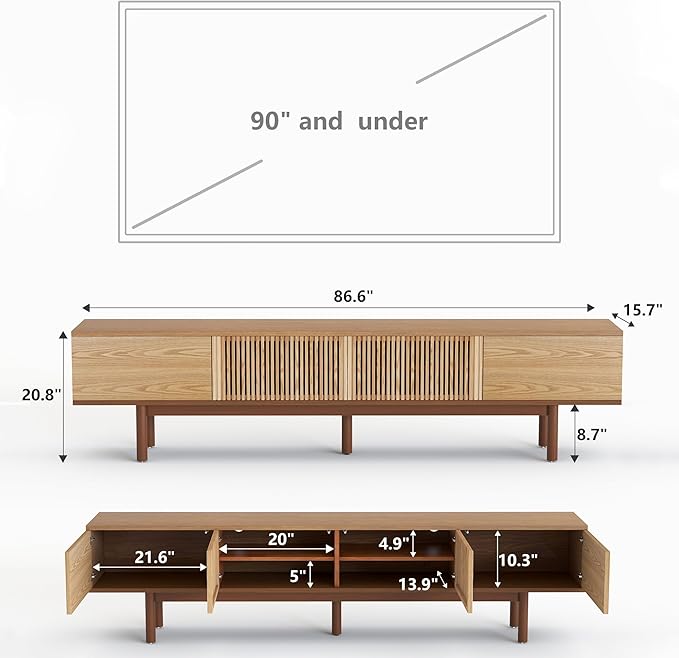 Mid Century Modern 86.6" Solid Wood TV Stand, Ready-to-Use Entertainment Center with Storage, TV Console for Living Room & Bedroom, Walnut
