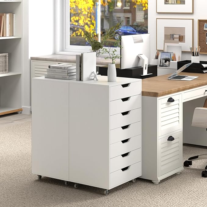 LOKO 7-Drawer Storage Cabinet, Versatile Drawer of Chest with Lockable Wheels, Mobile Office Lateral File Cabinet, for Home Office, Study (White, 16" D x 19.5" W x 34.5" H)