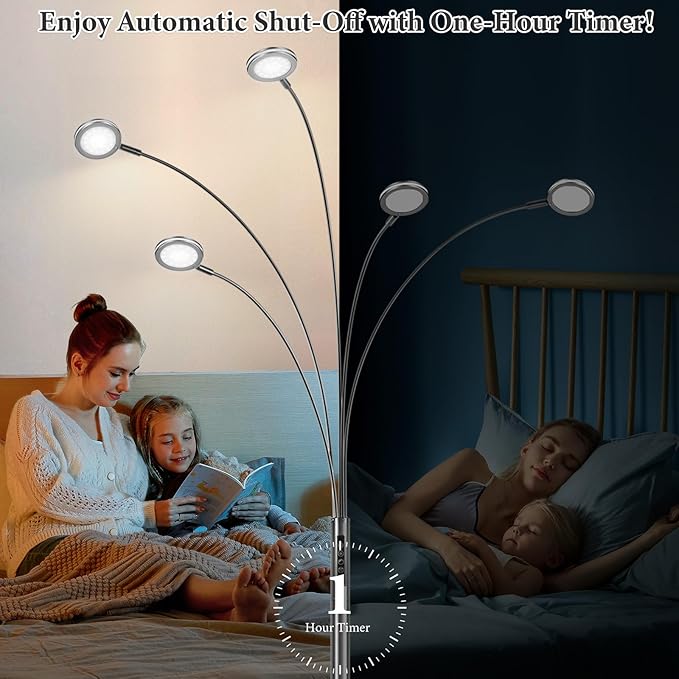 LED Arc Floor Lamp with Remote, 2250LM Dimmable Black Chrome Floor Lamp with Timer, Adjustable Colors, Brightness & 5 Adjustable Arms, Multi-Head Tall Tree Standing Lamp for Living Room Bedroom Office