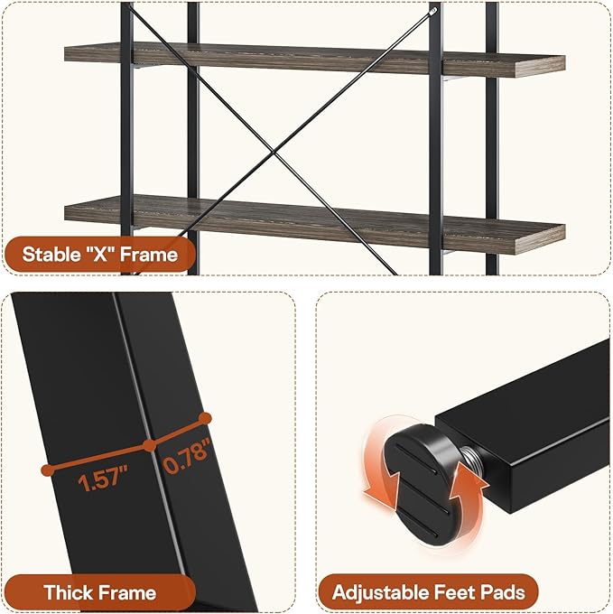 4-Tier Industrial Bookcase, 47 Inch Wide Wood Bookshelf, 120lbs Shelf Capacity, Rustic Open Shelving Heavy Duty Display with Reinforced Horizontal Grey Shelves for Living Room Bedroom Office