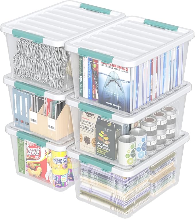 6-Pack 35 quart Large Plastic Storage Bin, Latching Box with Clear Base, White Lid and Green Latches