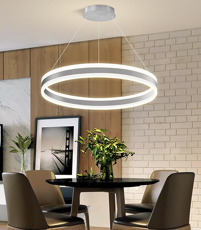 D23.6'' Modern Ring Chandelier for Dining Room LED Dimmable Pendant Lighting High Ceiling Chandelier for Living Room Foyer Bedroom Entryway 3000K-6000K Silver