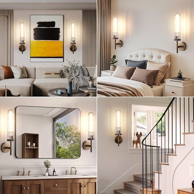 19.5" Knurled Brass Wall Sconce with Vertical Striped Glass Tube, Bronze Bathroom Vanity Light Fixtures, Modern Lamp Lighting for Bedroom, Living Room, Hallway, Staircase, Mirror, Kitchen