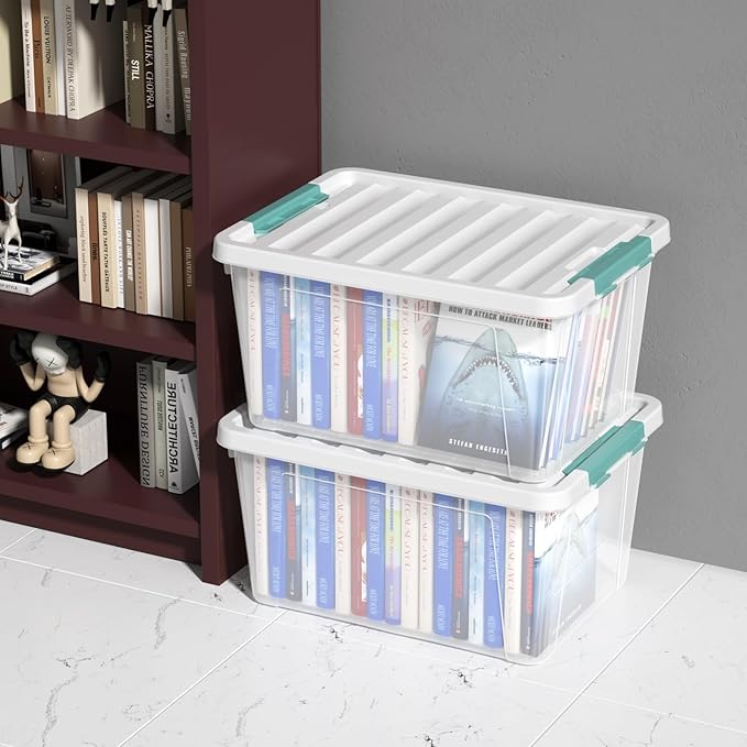 6 Packs 35 L Clear Plastic Latching Bins with Lids, Large Storage Tote Boxes