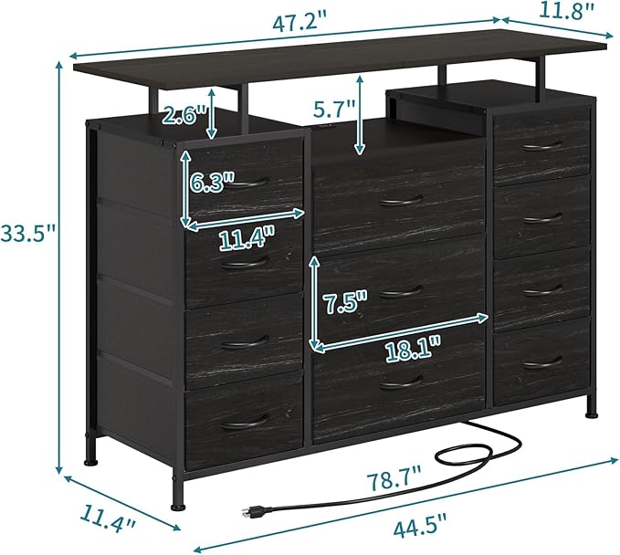 LUMTOK 11 Drawers Dresser with Fabric Drawers,Charging Station, LED Lights and Shelves for Bedroom,Hallway, Storage Organization (Black Wood Veins)