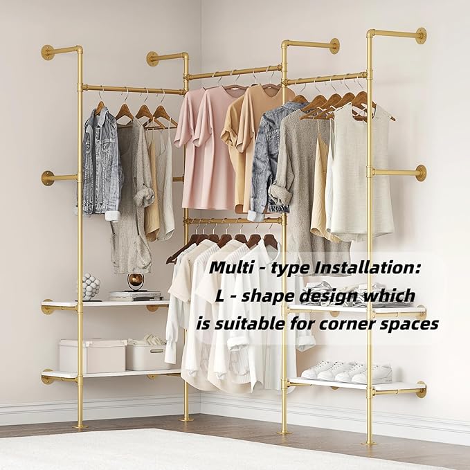Industrial Pipe Clothing Rack, Wall Mounted Clothes Rack for Hanging Clothes, Retail Display Rack with Shelves, Add Corner installation Method (Gold, III-2Tier)