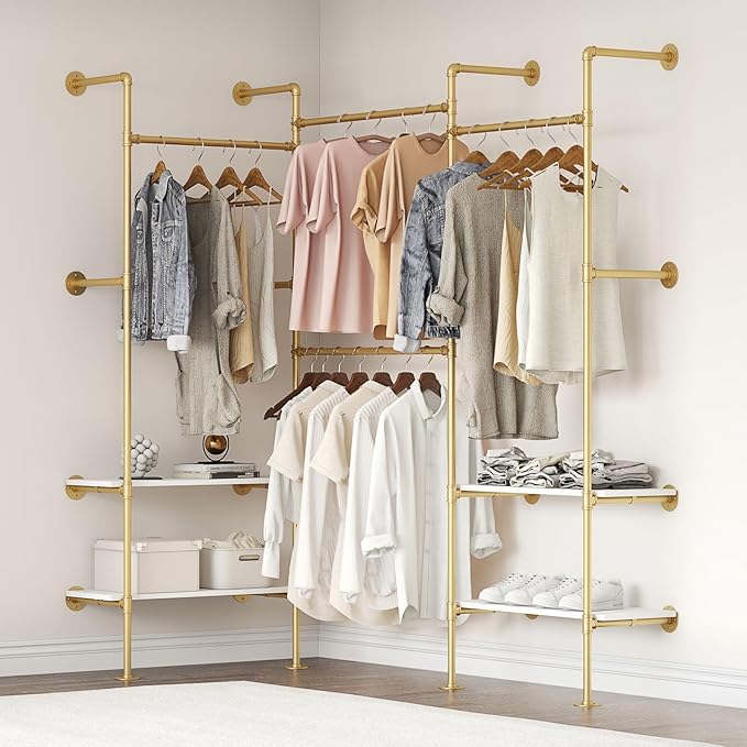 Industrial Pipe Clothing Rack, Wall Mounted Clothes Rack for Hanging Clothes, Retail Display Rack with Shelves, Add Corner installation Method (Gold, III-2Tier)
