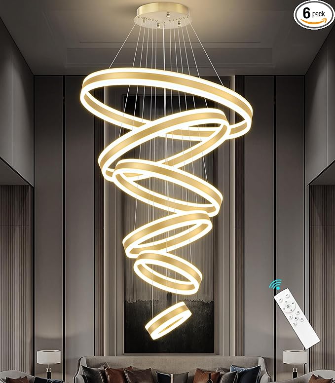 31.4'' Modern LED Chandelier Large Contemporary Chandeliers for Foyer 6-Rings Dimmable High Ceiling Chandeliers for Living Room Entrance Staircase 3000K-6000K