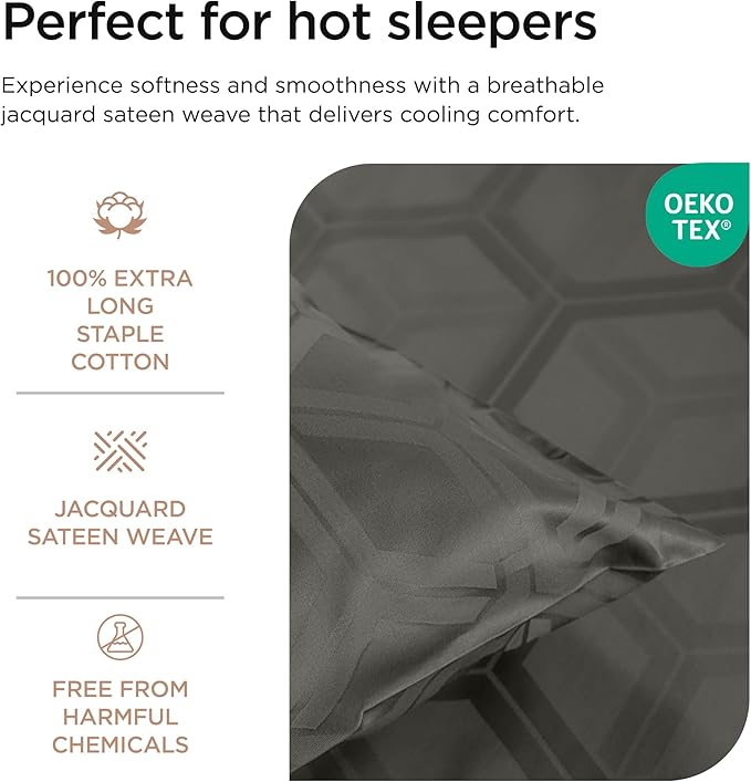 Threadmill 100% Cotton Sheets for King Size Bed - 600 Thread Count King Bed Sheets Set with 16” Deep Pocket - Jacquard Sateen Weave 4-Piece Bedding Set with Cooling Effect, Dark Grey