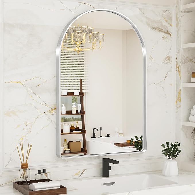 Suidia 26" x 38" Bathroom Mirror, Bathroom Vanity Mirror Metal Framed, Wall-Mounted Mirrors for Bedroom, Living Room, Entryway, Hallway, Silver, Arch Style