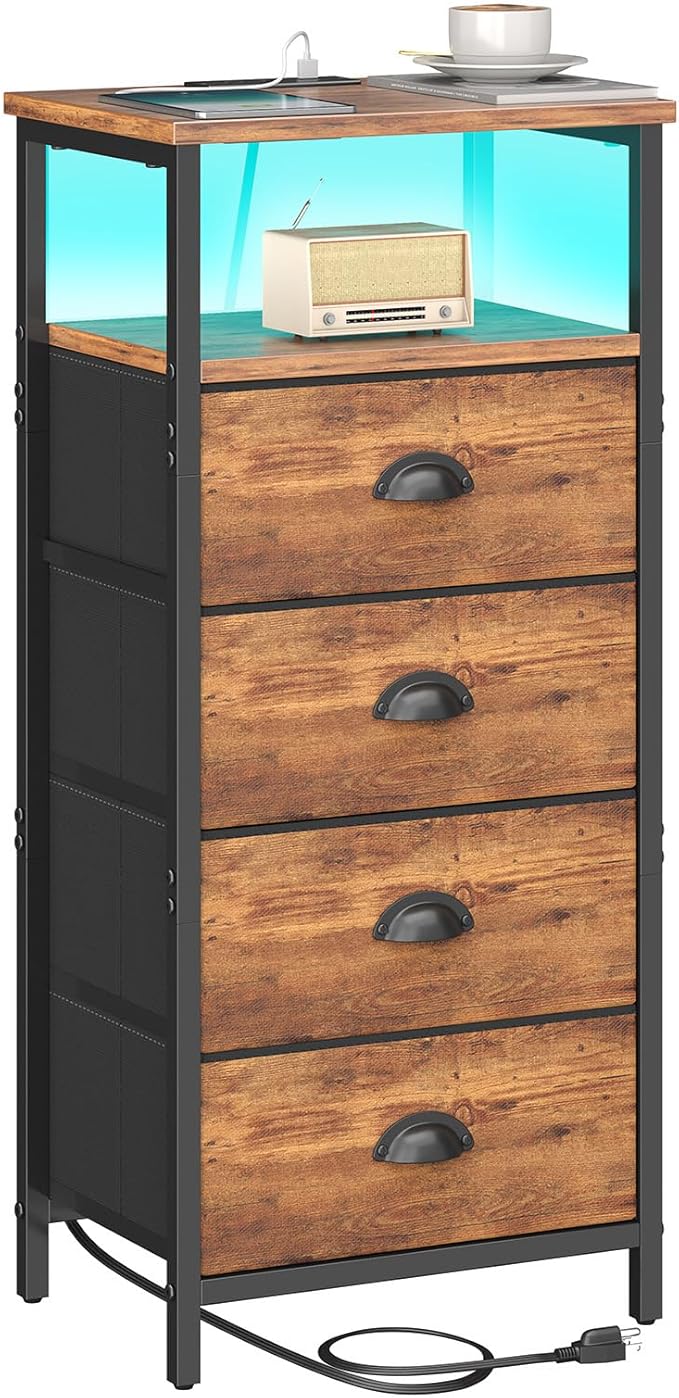 Nightstand with Charging Station,LED Nightstand with 4 Fabric Drawers, Bedside End Tables, 2-Tier Open Storage Shelf Side Table Nightstand with Drawers for Bedroom,Rustic Brown