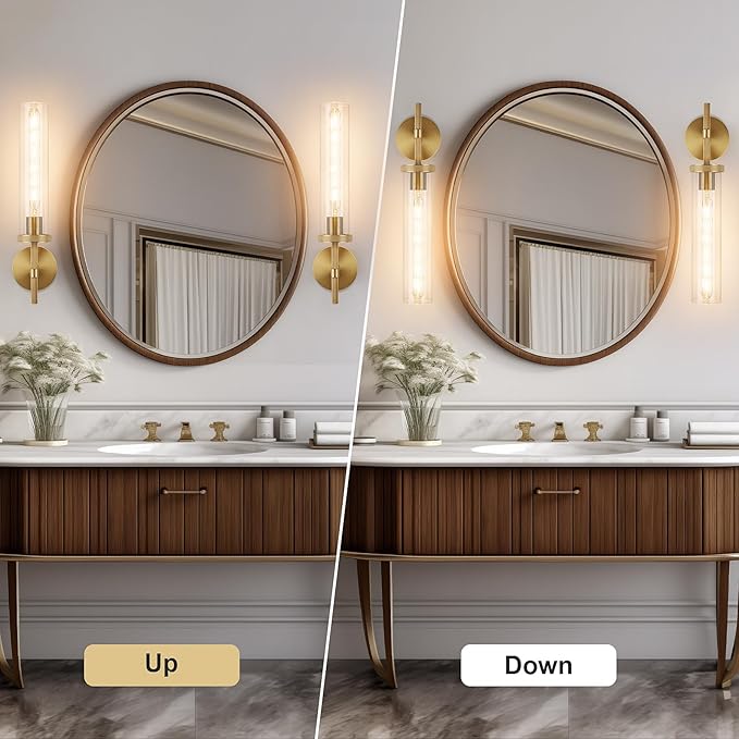 19.5" Knurled Brass Wall Sconce with Clear Glass Tube, Gold Bathroom Vanity Light Fixtures, Modern Lamp Lighting for Bedroom, Living Room, Hallway, Staircase, Mirror, Kitchen