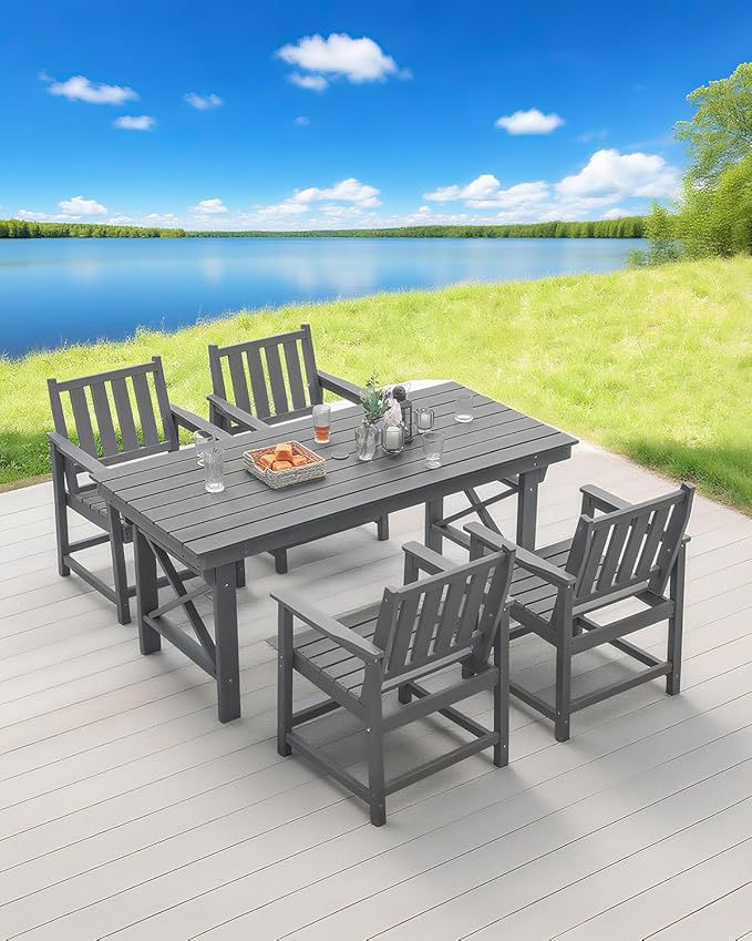 QUASCO Outdoor Patio Dining Set, 5-Piece Rectangular HDPE Dining Table with Umbrella Hole and 4 Chairs, Modern Patio Furniture Dining Sets for Poolside, Deck and Garden, Gray