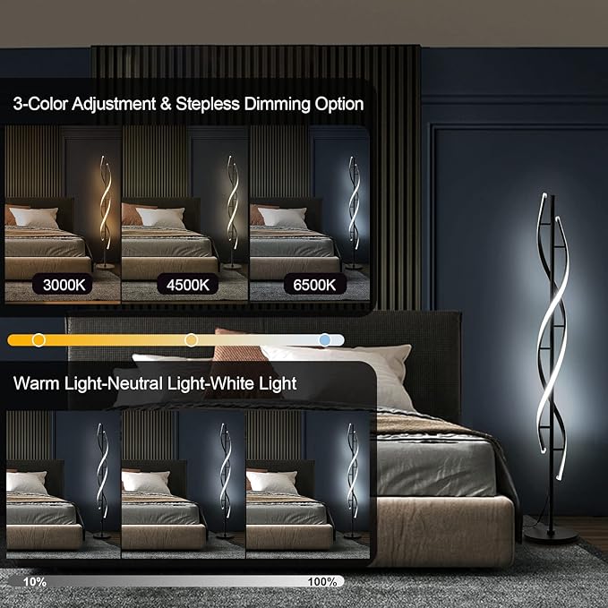 Spiral LED Floor Lamp for Bedroom,Modern Floor Lamps with Remote Control 60 Inch Dimmable Black Floor Lamp 48W Standing Lamp Timing 3 Color Temperature Corner Floor Lamps for Living Room