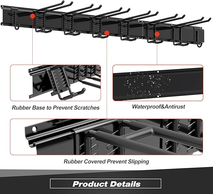 Storaboks Heavy Duty Garage Storage Rack System, Wall Mounted Tool Organizer with 8 Double Hooks, 3 Rails, Garden Yard Tools Hanger for Ski Gears, Broom, Rake, Shovel
