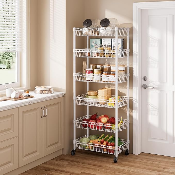 SINGAYE 6 Tier Basket Shelf Wire Shelving Unit Adjustable Storage Shelves Big Basket Rack for Garage Kitchen Office Pantry Corner 17" Dx12 Wx63 H White