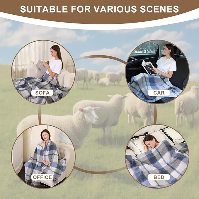 Blue Plaid Throw Blanket for Couch,100% Wool Throw Blanket for Home Decor, Soft Lightweight Cozy All Season Decorative Vintage Blankets for Travel,Bed, Sofa, Chair, Outdoor 55"x83"/1.5LBS