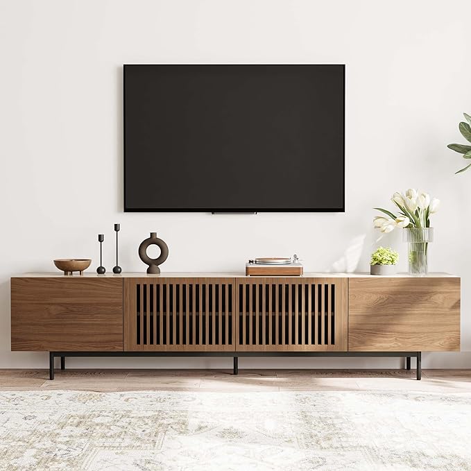 POVISON Mid Century Modern Sintered Stone TV Stand, Slatted Media Console TV Cabinet with Tall-cast Metal Legs, Fluted Entertainment Center with Storage, Fully-Assembled (Walnut, 94.49")
