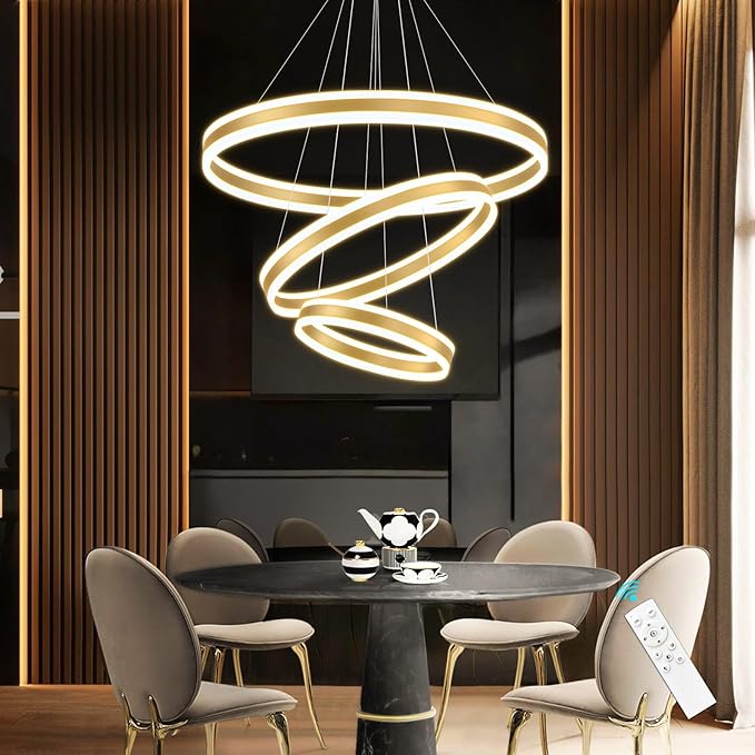 3-Rings Modern Gold LED Chandelier, Flush Mount Ceiling Lighting for Living Room, Adjustable Height Pendant Light for Staircase Foyer Dining Room Entryway 3000K 6000K