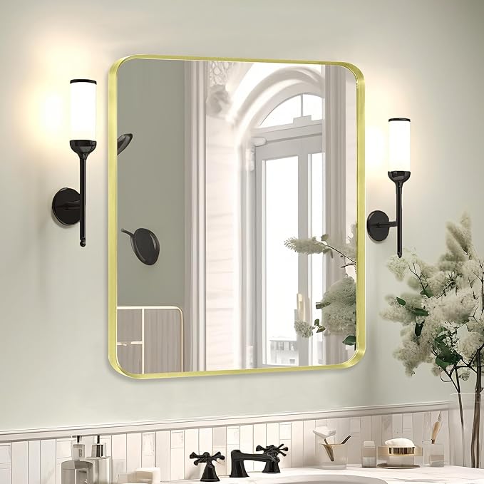 Gold Metal Framed Bathroom Mirror for Wall, Brushed Gold Rounded Corner Rectangular Bathroom Vanity Mirror, Anti-Rust, Tempered Glass (30" x 36", Gold)
