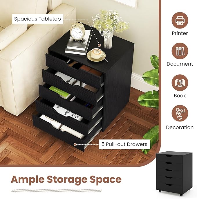 LOKO 5-Drawer Storage Cabinet, Versatile Drawer of Chest with Lockable Wheels, Mobile Office Lateral File Cabinet, for Home Office, Study (Black, 16" D x 19.5" W x 25.5" H)