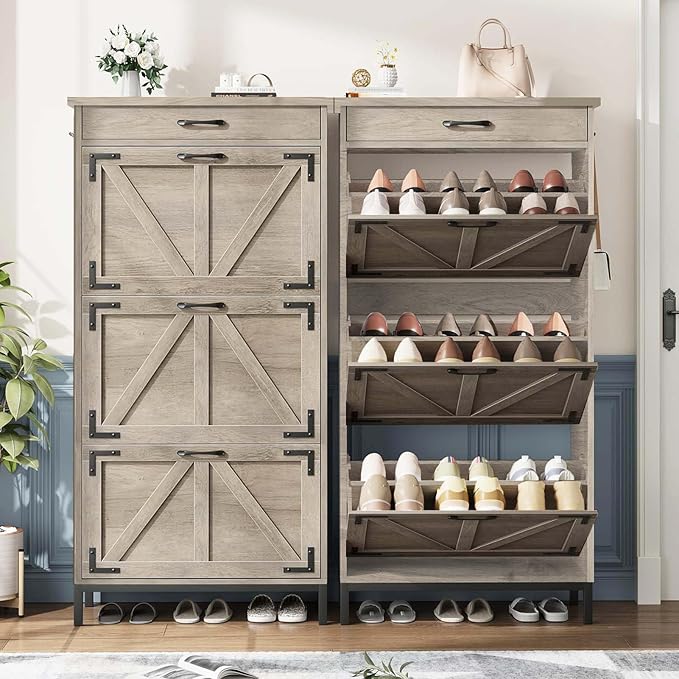 Shoe Cabinet Storage for Entryway with 3 Flip Drawers and 1 Top Drawer, Freestanding Hidden Narrow Shoe Cabinet with Metal Legs for Foyer, Hallway (Grey)